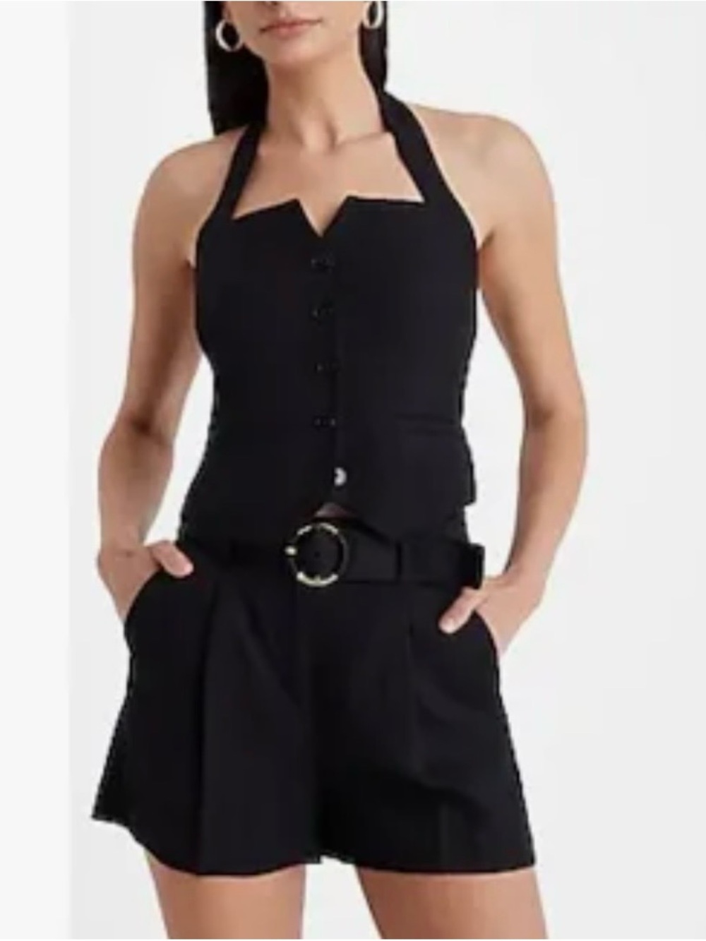Express Black Stylist High Waisted Linen-Blend Belted Pleated Shorts